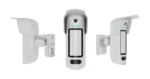 Ajax MotionCam Outdoor HighMount white, side and front views